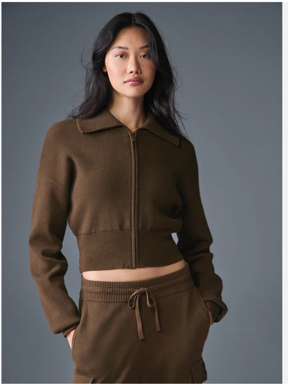 AIo Yoga Scholar Knit Cropped Full Zip Jacket Espresso